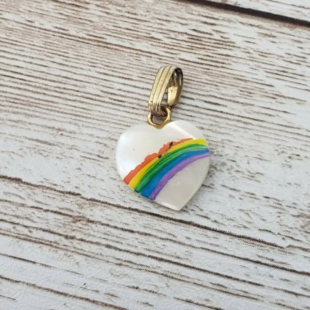 Vintage Pendant Dainty Heart with Rainbow - No Chain Included